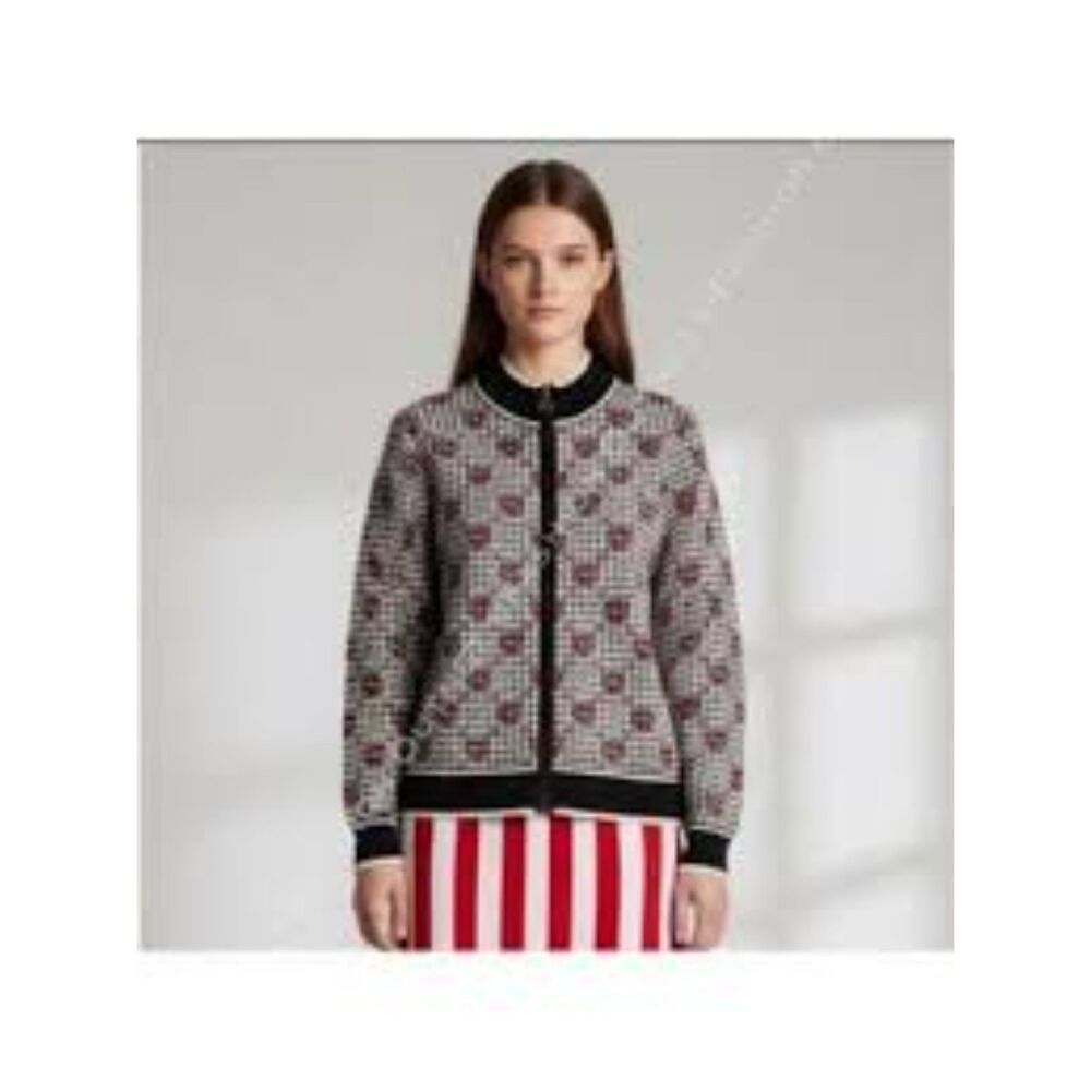 Anne Klein Houndstooth Red Black Zip Up Cardigan Sweater size XL
